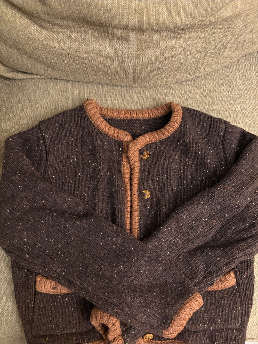 Women’s Brown Contrast-Trim Wool Cardigan Sweater